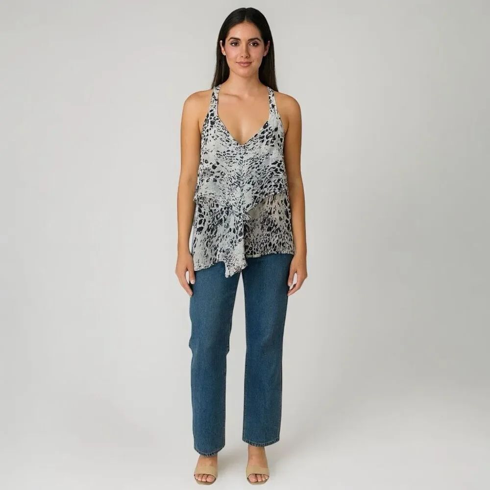 Loila Black & White Leopard Animal Print V Neck Blouse Tank Top L sleeveless